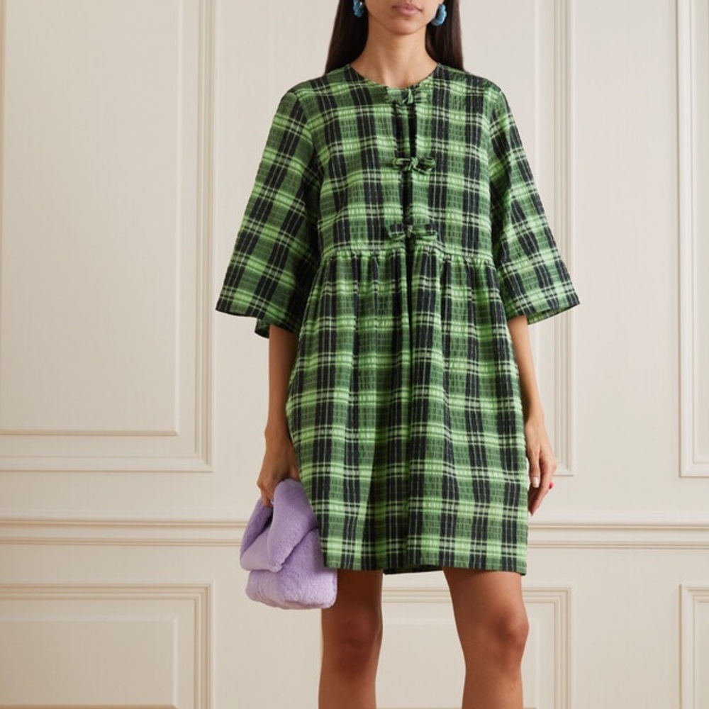 Ganni Green and White Smocked Babydoll with tie closure